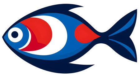An illustration of a blue fish with a red eye on a white backgroundの素材