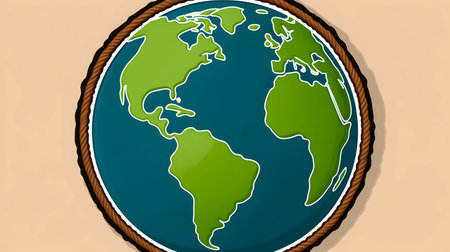 Illustration of earth globe with rope around it on a beige backgroundの素材