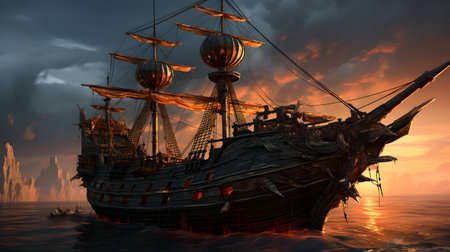 pirate ship in the sea at sunset 3d render illustration.の素材