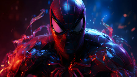 3D rendering of a cyber man in red and blue neon lightの素材