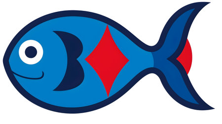 Illustration of a blue fish with a red heart on a white backgroundの素材