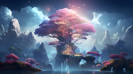 Fantasy landscape with big tree. 3D illustration. Fantasy landscape.の素材