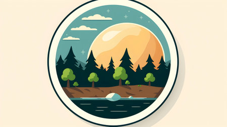Landscape of the river and the forest in a circle. Vector illustration.の素材
