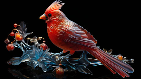 Red cardinal bird isolated on a black background. 3d illustration.の素材