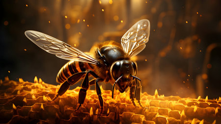 Honey bee on honeycombs. 3D illustration. Copy space.の素材