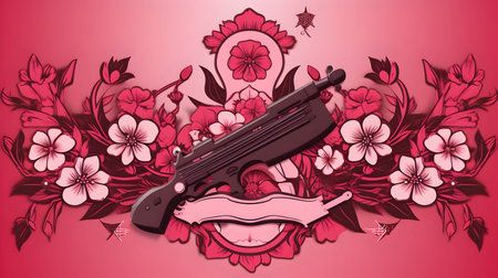 Vector illustration of a pink background with a gun, flowers and a ribbonの素材