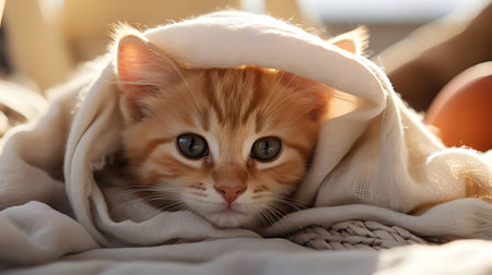Cute ginger kitten wrapped in a warm blanket on the bed.の素材