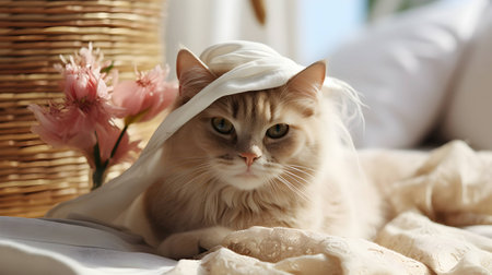 Cute cat with bouquet of flowers on bed, closeupの素材