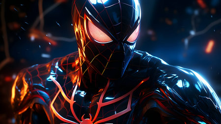 3D rendering of a male cyborg with glowing eyes on dark backgroundの素材