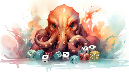 Illustration of a octopus with dice and watercolor splash.の素材