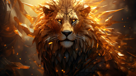 3d rendering of lion head with golden skin and fire flames.の素材