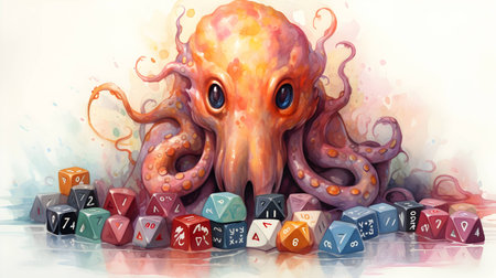 Octopus with cubes and dice in watercolor style. Digital illustrationの素材