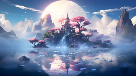 Fantasy landscape with japanese temple on the lake. 3D renderingの素材