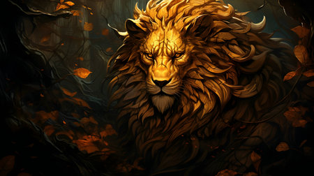 Lion in the dark forest with autumn leaves. Fantasy illustration.の素材