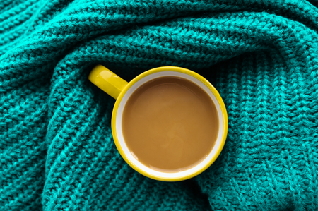 cup of coffee on a scarf in the autumnの写真素材