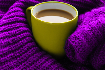 cup of coffee on a scarf in the autumnの写真素材