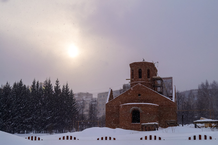unworthy church on a snowy morningの写真素材