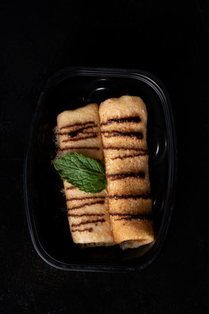 Vegan pancakes with chocolate splash. contains wheat flour, sweetened with coconut sugar. black...