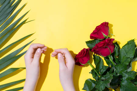 Three Red roses, kids hands and fern leaves on yellow paper. Copy space for woman day or valentines