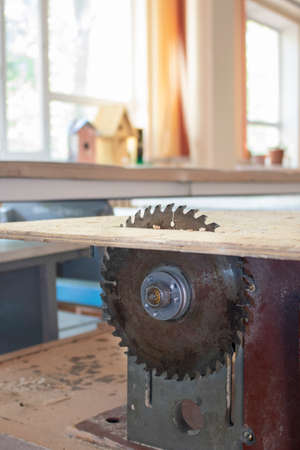 Close up circular saw blade on blurred background. saw blade for wood