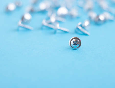 Short white screws to build furniture, horizontalの写真素材