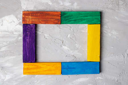 toy blocks, multicolor wooden puzzles. Flat lay and place for text.の写真素材