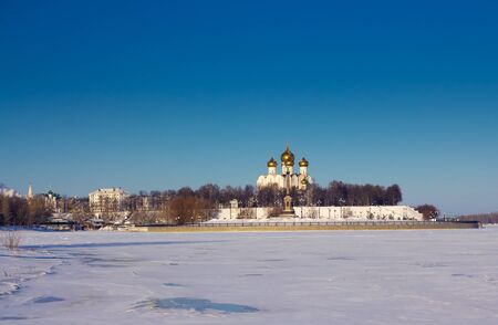 View of the embankment in the area of the confluence of the river Kotorosl in the Volga River. Assumption Cathedral. Yaroslavl. Russia.の写真素材