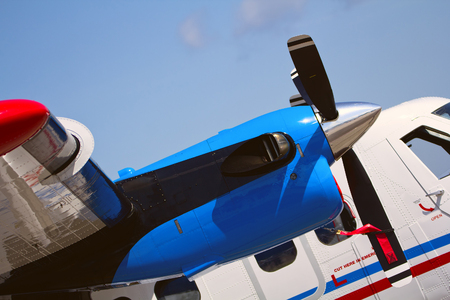 A fragment of a retro airplane. The engine with the propellerの写真素材