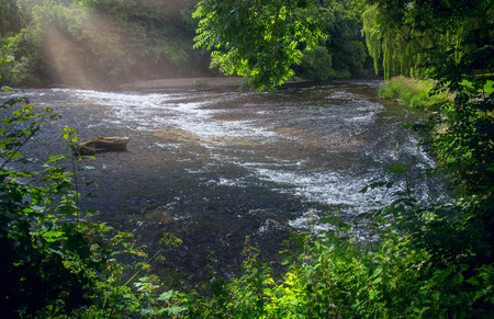 Beautiful landscape with sunbeams in haze. Morning on the Exe river. Devon. Englandの写真素材