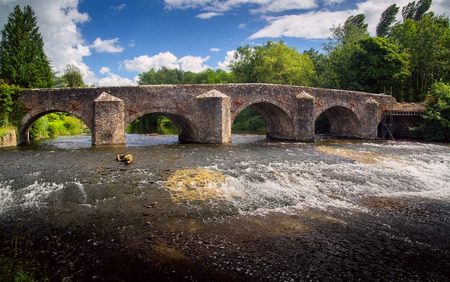 Old stone Bickleigh Bridge over Exe river. Devon. England