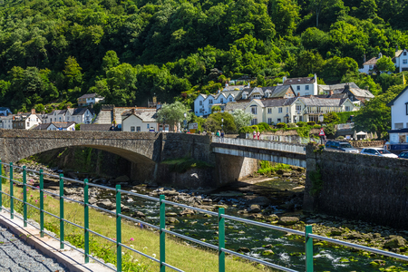 Two bridges over the River East Lyn and West Lyn. Two bridges over the River East and West Lin Ling. It are two rivers merge into one.  Lynmouth. Devon. UKの写真素材