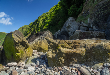 Beach with large boulders at low tide. Boulders covered with algae. Near the Lynton and Lynmouth villages. North Devon Coast. UKの写真素材