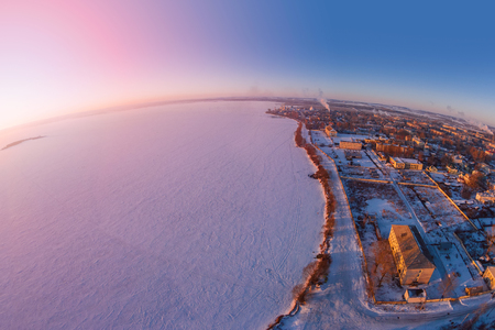 Russian province. The ancient town of Rostov the Great bird's-eye view. Frosty morning. Winter. Yaroslavl Region. View from the fish-eye effect. Russiaの写真素材