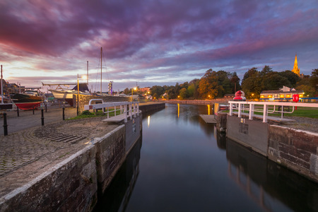 The harbor in the city of Exeter during the colorful sunset. Evening. Devon. England