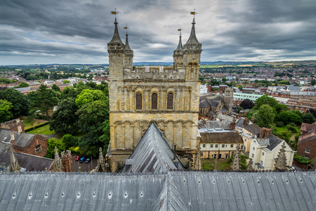 A view of the south tower of the cathedral from the roof. The center of Exeter. Devonshire. Englandの写真素材