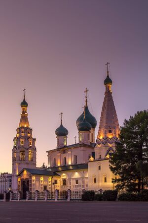 One of the most famous Yaroslavl churches is the Church of Elijah the Prophet. Evening view with illumination. Summer. The city of Yaroslavl. Russiaのeditorial素材