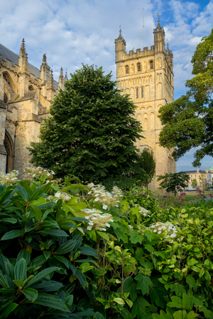 The cathedral in Exeter. The North Tower. A lot of greenery in the foreground. Morning. Devon. Englandのeditorial素材