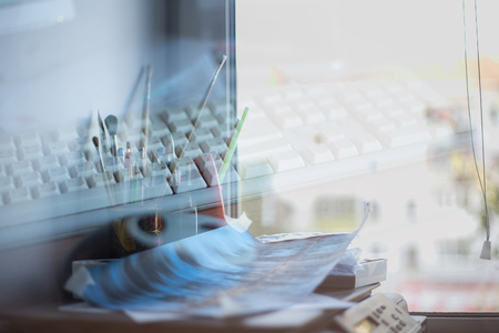 A set of objects and their location symbolize creative chaosの写真素材