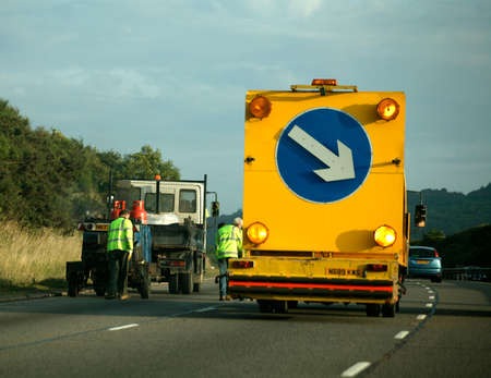 LANE CLOSURE AND ROADWORKS ON MOTORWAYの写真素材