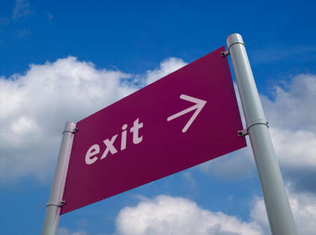 Purple exit sign against blue sky and clouds background