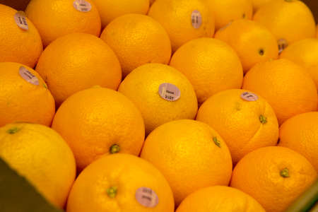 Oranges on supermarket shelf in close upの写真素材