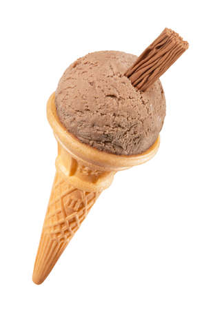 Chocolate ice cream cone with chocolate flake isolated on white backgroundの写真素材