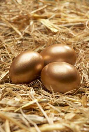Three golden eggs on nest of strawの写真素材