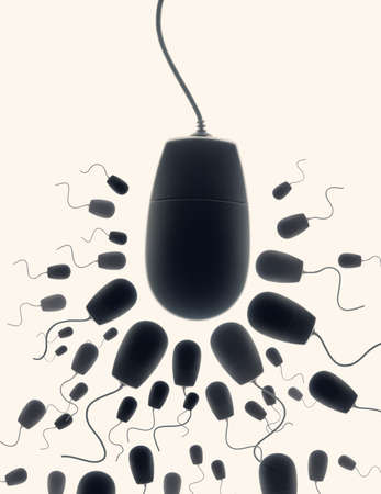 Many small computer mice gathering round one larger computer mouse in silhouetteの写真素材