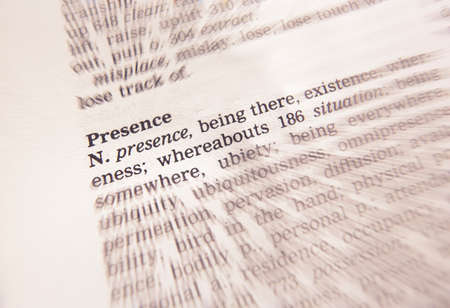 Close up of thesaurus page showing description of the word Presenceの写真素材