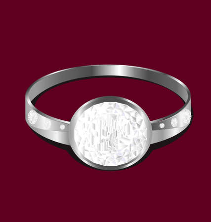 on a red background white metal ring with diamondsのイラスト素材