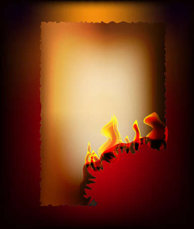 on a dark background, illuminated by light from inside the fire, the old brownish paper with burnt edges, one corner burned, the flames are creeping.のイラスト素材