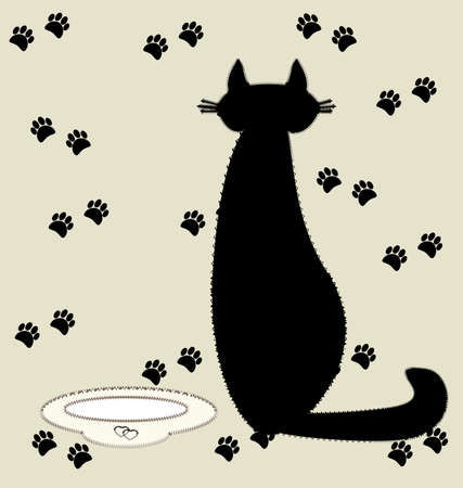on a beige background of textile silhouette black cat next to a bowl of milkのイラスト素材