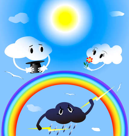 in the blue sky two lovers clouds, rainbow, beneath a thundercloud is angry at themのイラスト素材