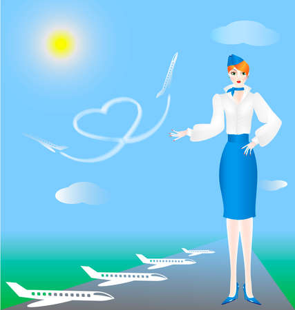 against the blue sky flying aircraft paint hearts on them hand indicates stewardessのイラスト素材